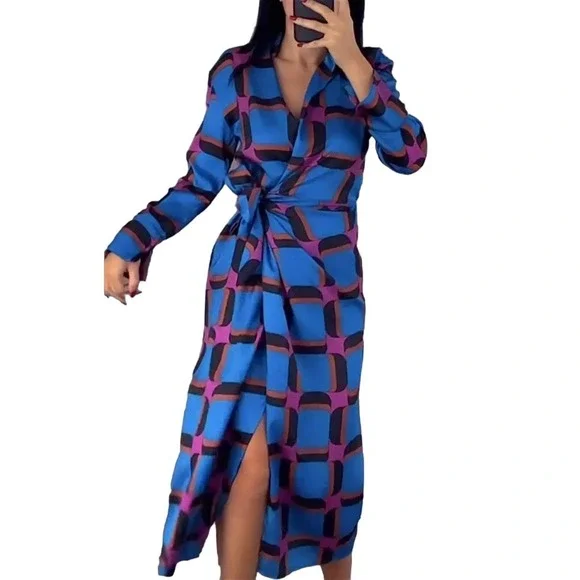 zara geometric print shirt dress ZARA GEOMETRIC PRINT SATIN SHIRT DRESS
